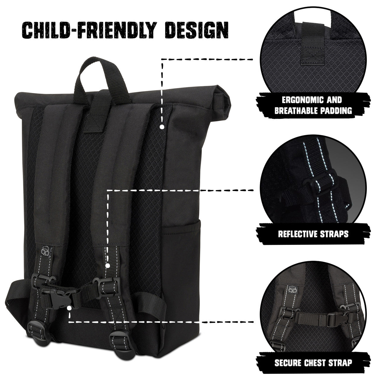 Kinderrucksack Rolltop Aaron schwarz