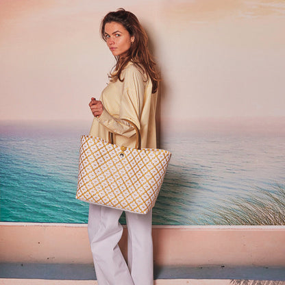 Motif Bag Handbag Mustard with white pattern size L mit Kunstlederhenkeln
